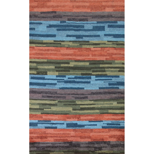 Multi-Color Striped Moroccan Modern Area Rug Hand-Knotted Wool Carpet - 5'2" x 7'9"