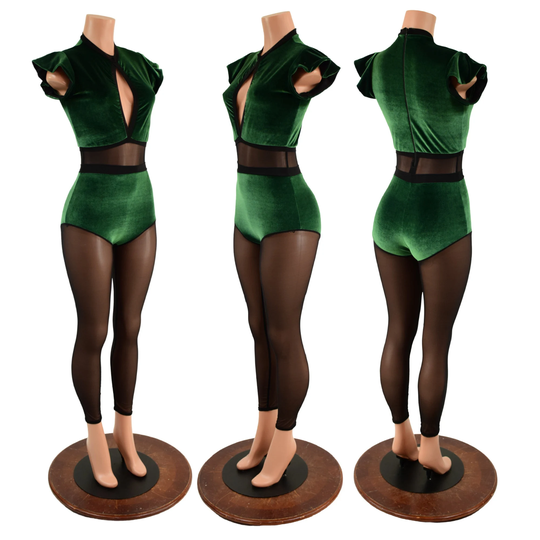 Green Velvet & Back Mesh Keyhole Catsuit With Siren Cut & Legs Emk157863