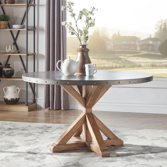 Albee Round Stainless Steel Top Dining Table with Poplar X-base by iNSPIRE Q Artisan - Round Stainless Steel Dining Table