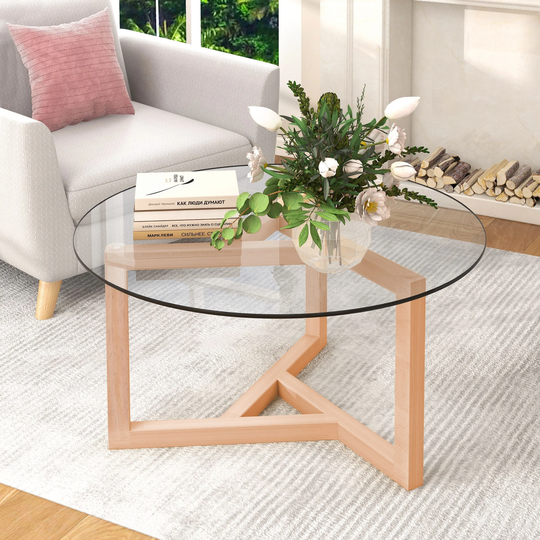 Modern Round Coffee Table with Tempered Glass Top and Sturdy Wood Base