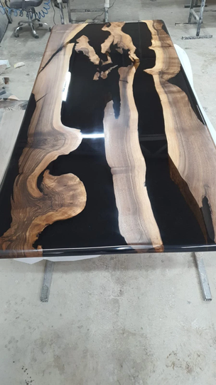 Live Edge Table, River Custom 96" X 40" Walnut Black Epoxy Dining Order For Kevon