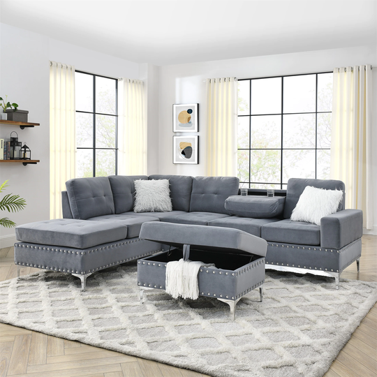 Grey Sectional Sofa Reversible Chaise Storage Ottoman Villose Pillows