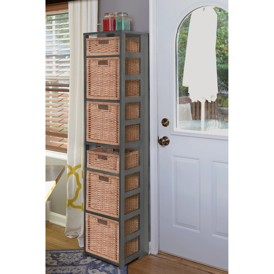 Flip Flop 67" Square Folding Bookcase with Wicker Storage Baskets- Grey/Natural