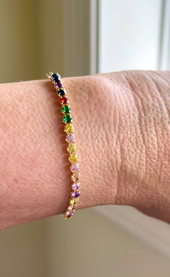 Colorful Studded Bracelet, Bracelet Cz, Multi Color Necklace, Tennis Stacking Everyday, On Trend, Gift For Her