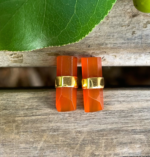 14K Yellow Gold Sterling Silver Carnelian Bar Stud Earrings/ Pencil Red Stone