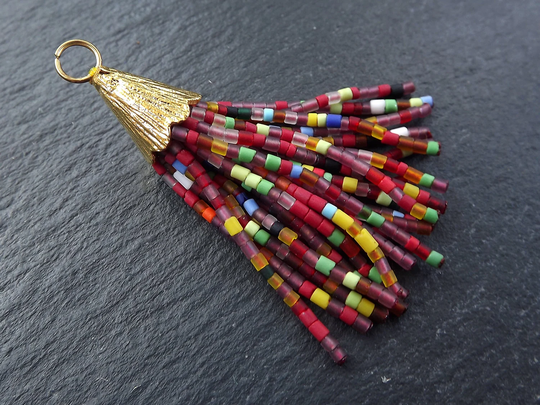 Multi Color Tassel, Short Beaded Afghan Mix Earring Textured Cap, Red Tones, 22K Matte Gold, 55mm, No1