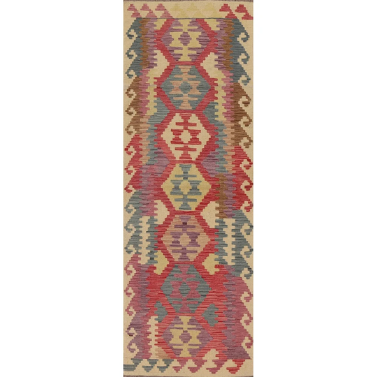 Colorful Kilim Runner Rug Hand-woven Geometric Wool Carpet - 2'9"x 9'9"
