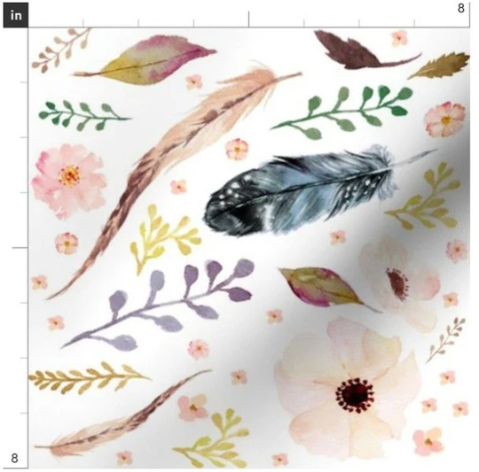 Boho Floral & Feathers Fabric By The Yard | Blossom Pink Flowers Made To Order Organic