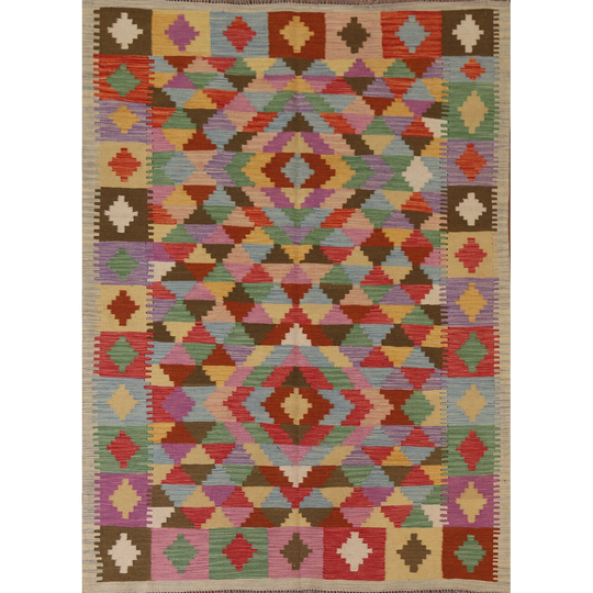 Geometric Multi-Color Kilim Oriental Area Rug Flat-weave Wool Carpet - 5'1"x 6'8"