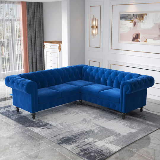 Deep Button Rolled Arm Classic Chesterfield L Shaped Sectional Sofa