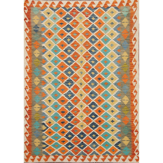 Multi-Color Geometric Kilim Persian Area Rug Flat-Weave Wool Carpet - 4'10"x 6'4"