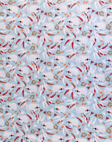 Wombat & Eucalyptus Leaves Floral Blue Quilting Cotton Fabric By 1/4, 1/2 Yard Or Fat Quarter Fabric, Australian Wild Bush Animal