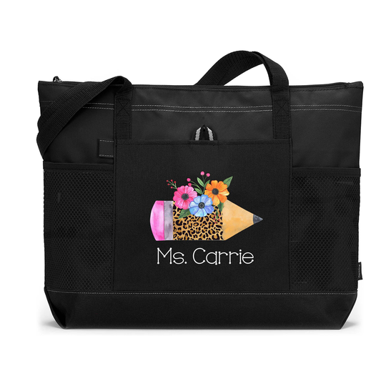 Floral Pencil - Personalized Printed Tote Bag With Mesh Pockets, Teacher Gift, Appreciation, Back To School