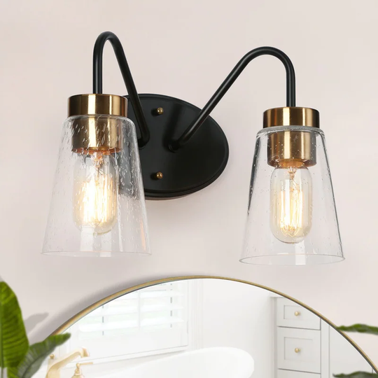 Modern Black Gold 2-Light Bathroom Vanity Lights Glass Wall Lighting - 12.5" L