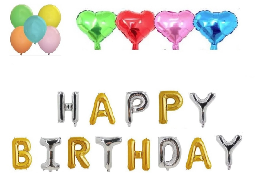 Gold & Silver Mix Color Happy Birthday Balloon - Free 5 Latex Balloons & 4 Heart Foil Balloons, Party, Decoration