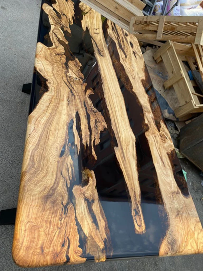 Olive Wood Epoxy Table, Custom 72" X 36" Black River Made To Order For Joe L