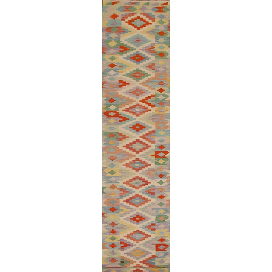 Multi-Color Geometric Kilim Runner Rug Hand-woven Oriental Wool Carpet - 2'6"x 16'1"