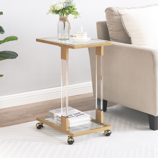 Mieres Modern Style Tempered Glass Top C Shape Side Table, Living Room Rolling End Table with Metal Frame