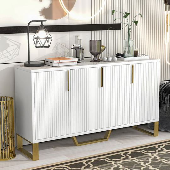 Modern Sideboard Kitchen Cabinet with 4 Doors and Metal Handles