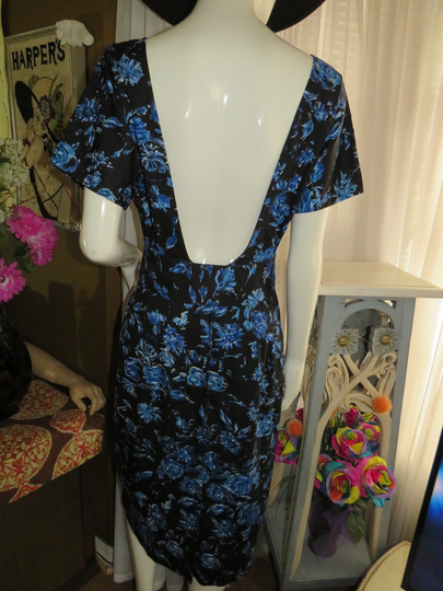 1950S' Blues/Black/White Floral Deep-V Back Pencil-Fit Dress-No Label/Size