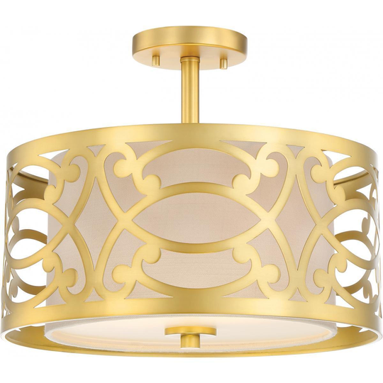 Filigree - 2 Light Semi Flush Mount - Natural Brass Finish - Beige Linen Fabric Shade