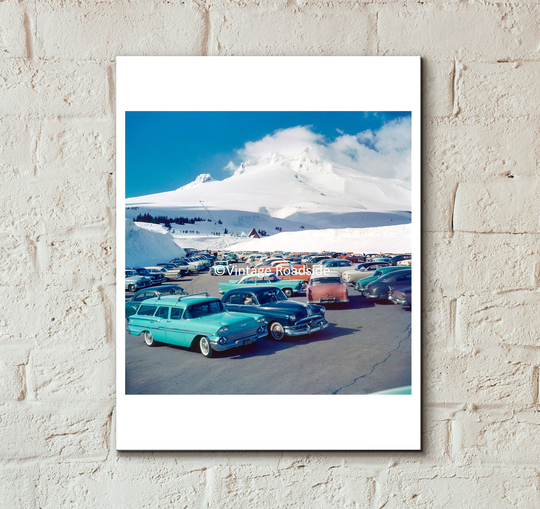 Vintage Timberline Lodge Photo, Color Print From 1958 Negative, Mount Hood, Snow Skiing, Cabin Decor, Classic Car, 1950S Parking Lot