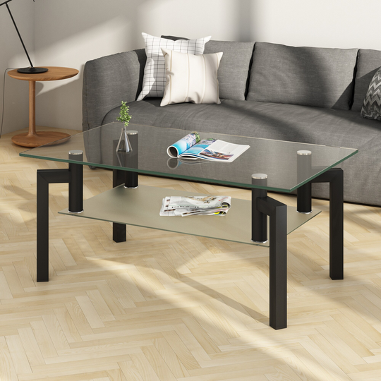 Rectangle Black Glass Coffee Table, Modern Side Center Tables