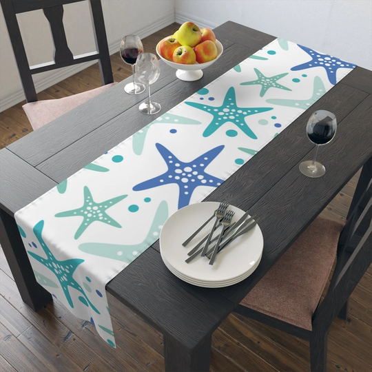 starfish Table Runner | Cotton, Poly, Blue, Teal, White Home Decor, Ocean Decor, Beach House Decor