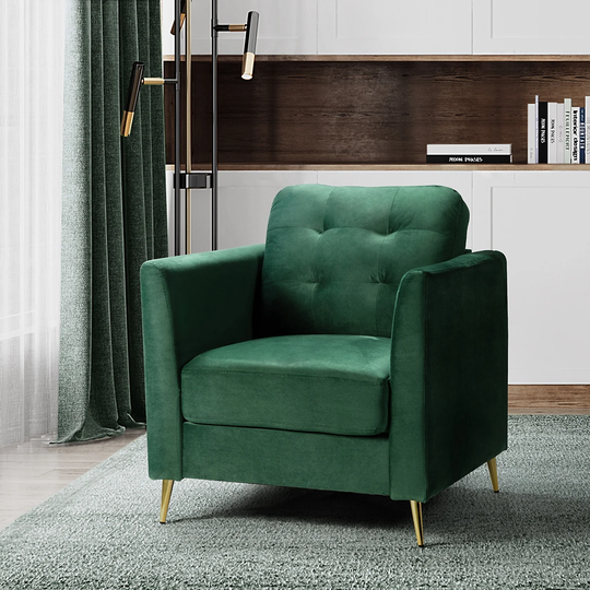 Modern Velvet Thicken Padded Seat Club Chair Removable Tufted Backrest Accent Chair with Four Tapered Golden Metal Legs