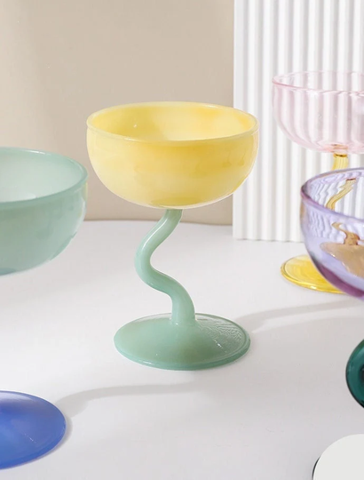 Colorful Wiggly Cocktail Glass | Fun Swirly Stem Dessert Handblown With Multiple Colors Goblet