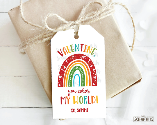 You Color My World Tags, Rainbow Valentine Tags . Personalized Valentine's Day 2 X 3.5 Inches Qty 10