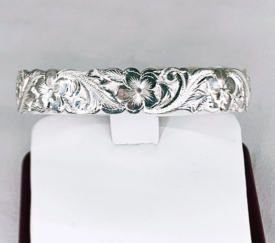 Hawaiian Bracelet Hand Engraved Plumeria Scroll 10mm Barrel Heavy Cut Out Edges Custom Made Sterling Silver