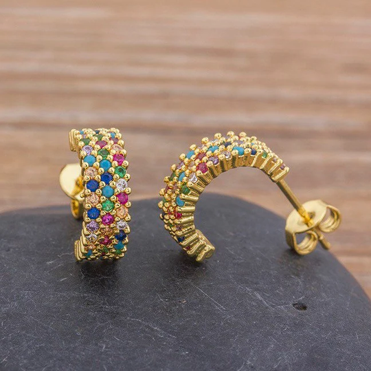 14K Gold Plated Multi Color Hoop Earrings, Cubic Zirconia Colorful Rainbow Pave Earrings