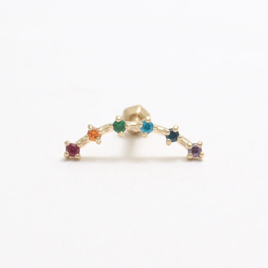 14K 18K Solid Gold Multi Color Rainbow Cz Long Curved Stick Ear Stud, Flat, Helix, Outer Conch, Lobe, Cartilage, Piercing Earring-16G, 18G