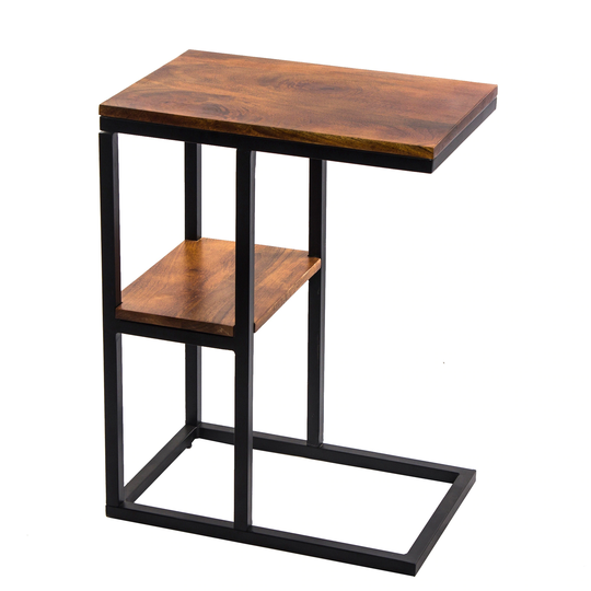 Side Table Iron Frame Mango Wood End Table with Lower Shelf, Brown