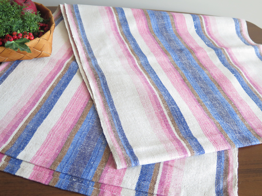Table Runner Blue Pink Striped Cloth, Linen Cotton Swedish Vintage Scandinavian Home Textiles #4-54-19