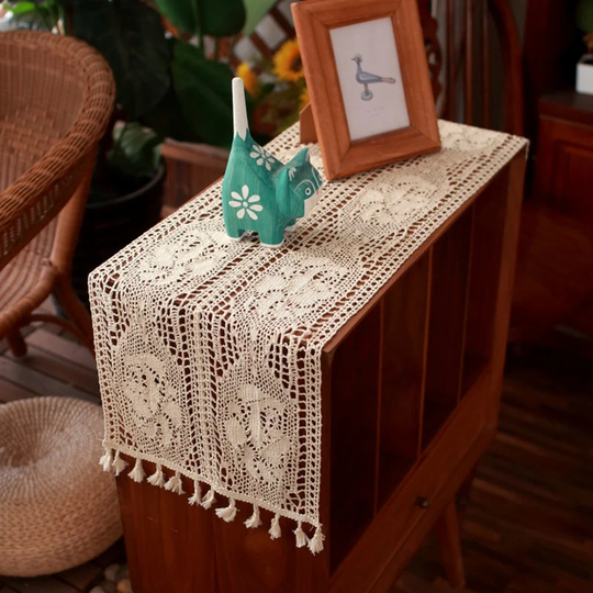 Rose Cotton Crochet Table Runner With Tassels | Farmhouse Runners Festival Event Decoration Shabby Chic