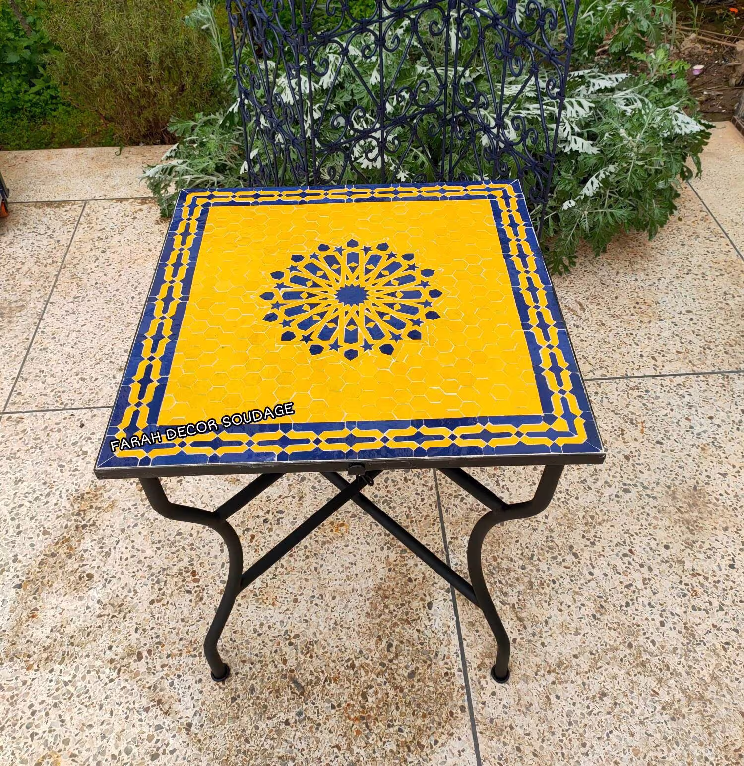 Square Mosaic Table For Outdoor Indoor Mediterranean Living, Yellow & Blue Tile Moorish Top, Flower Design Tiles