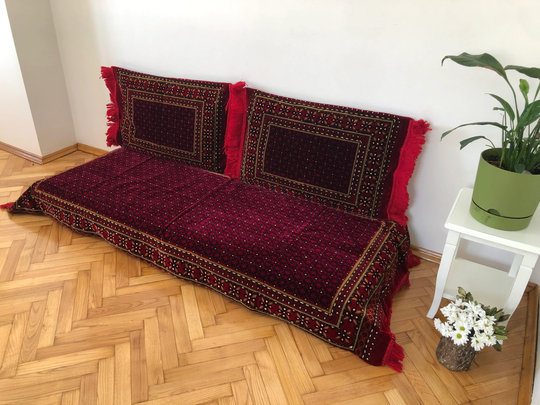 Red Floor Seating Sofa Cover, 3 Piece Set 1x Bed + 2x Cushion Cover, Vellet Padded Mat, Arabic Majlis Removable Zippered Cover, Red, Rug