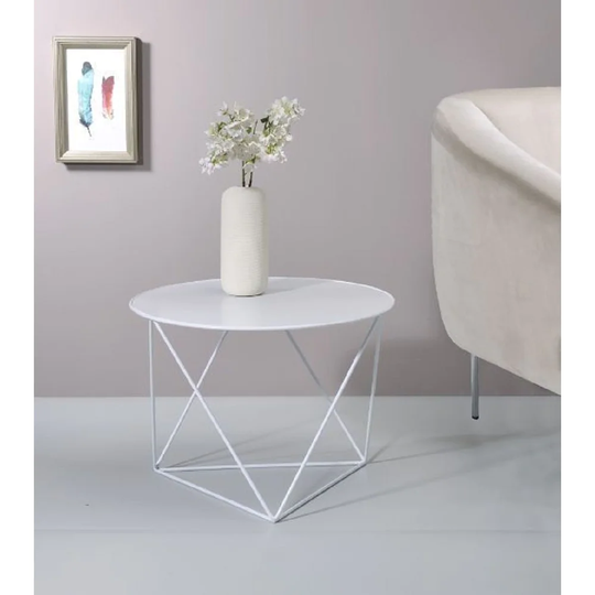 Q-Max Geometric Metal Base Round Table Top End Table in White Finish