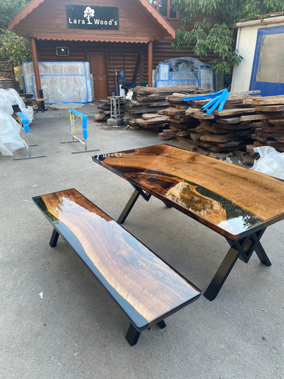 Epoxy Resin Table, Clear Custom 80" X 44" Walnut Shiny Black Dining Order For Shiva