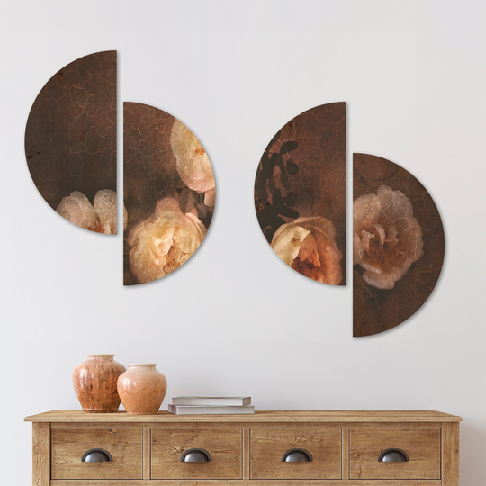 Designart 'Wild Roses in Old Style' Floral Wood Wall Art Set of 4 Half Circles - Multi-Color