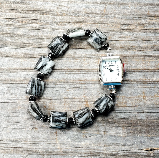 Black Web Jasper Gemstone Beaded Watch, Very Durable Stretchy Bracelet, Multiple Sizes Available