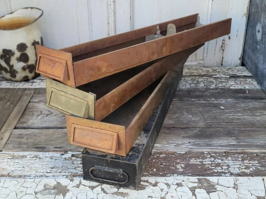 Set Of Four Vintage Industrial Rusty Drawer Storage Bins | Safe Deposit Box Decorative Desk Organizer/Succulent Planters