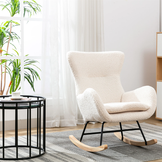 Teddy Fabric Padded Seat Rocking Chair With High Backrest And Armrests, Comfortable and High Elasticity, for Living Room