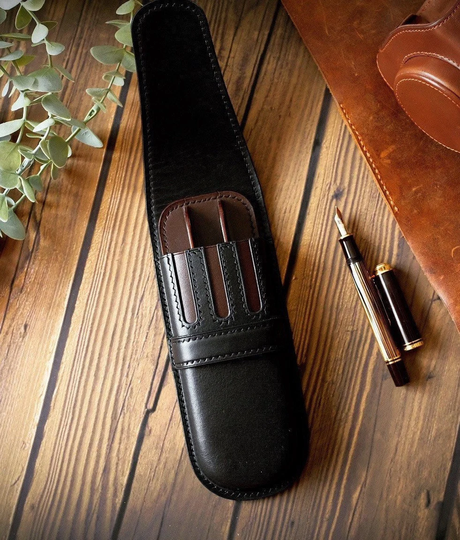 Black Coffee Leather 3 Pen Case, Triple Fountain Pencil