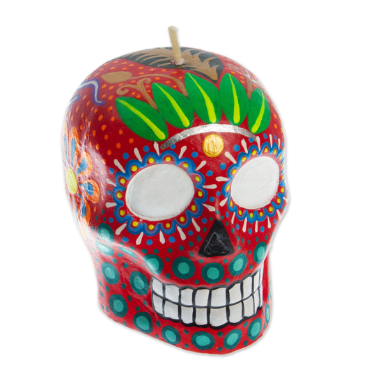 NOVICA Handmade Colorful Red Skull Hand-Painted Candle