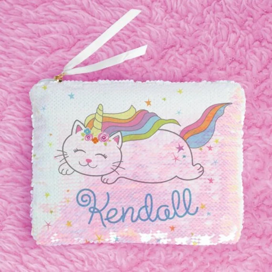 Caticorn Personalized Sequin Zipper Pouch, Custom Name Pencil Case, Stationery Zip Pouch, Personalized School Supplies, Back To