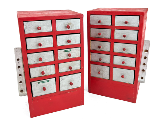 Vintage 1950S Pair Of Large Red Handmade Industrial Wood 10-Drawer Storage Units