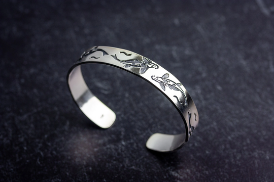 Koi Pond | Sterling Silver Bracelet With Koi Fish Design Thick Textured Sterling Cuff Choose Your Size